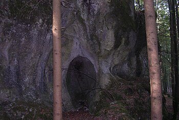 Die Lochschlaghöhle bei Obereichstätt Felswand mit dunklem Höhleneingang im Wald, zwei Baumstämme im Vordergrund sichtbar.