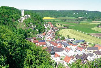 Blick über Wellheim Blick auf ein Dorf mit Kirche und Burgruine auf bewaldetem Hügel, umgeben von Feldern und Wiesen.